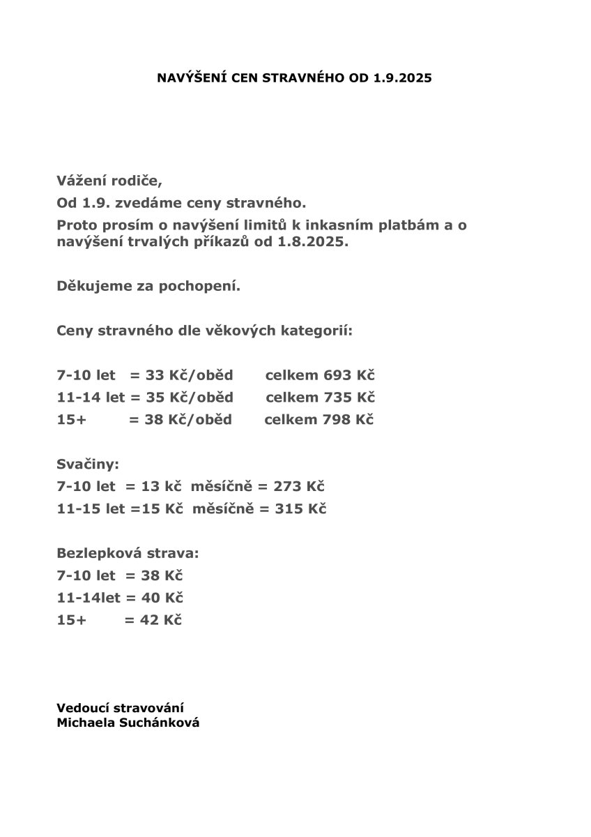 Navýšení cen stravného od 1.9.2025